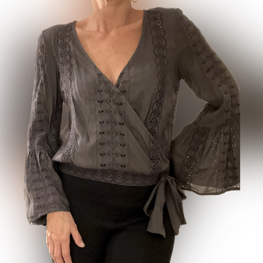 AE Rich gray eyelet wrap top with flared sleeves and tie at waist, size S NWT